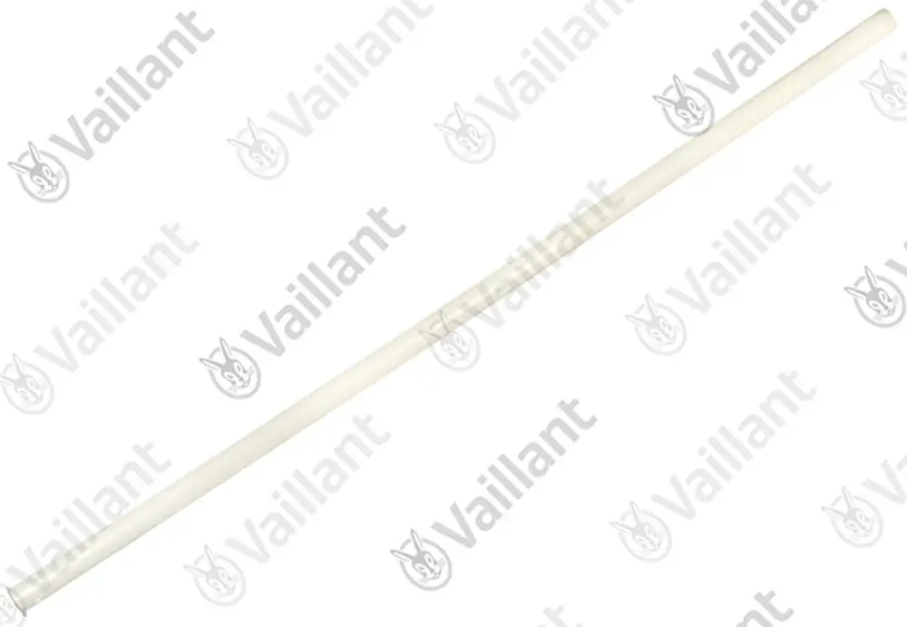 Rohr in hellem Material, gerade Form, auf weißem Hintergrund, mit wiederholtem Vaillant-Logo.